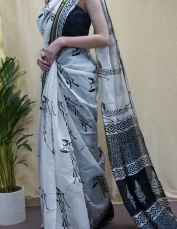 Malmal-Cotton-Saree-White-and-Black-one