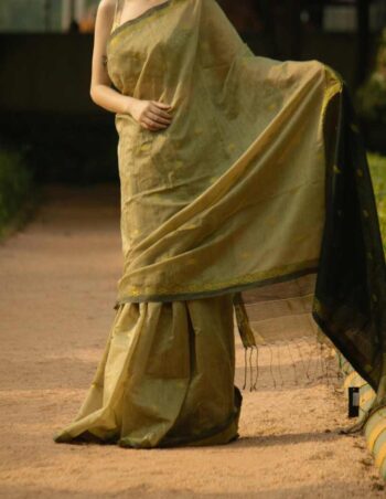 Silk Cotton Sarees Black And Green With Golden Border three